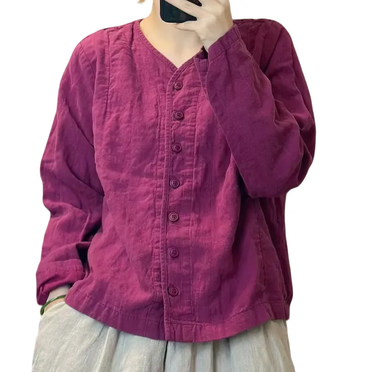 希哦9596春秋款时尚宽松洋气双层砂洗汉麻衬衫纯色长袖