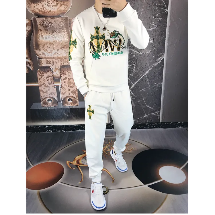 休闲运动套装男士秋季新款欧洲站高端潮牌长袖卫衣时尚刺绣两件套