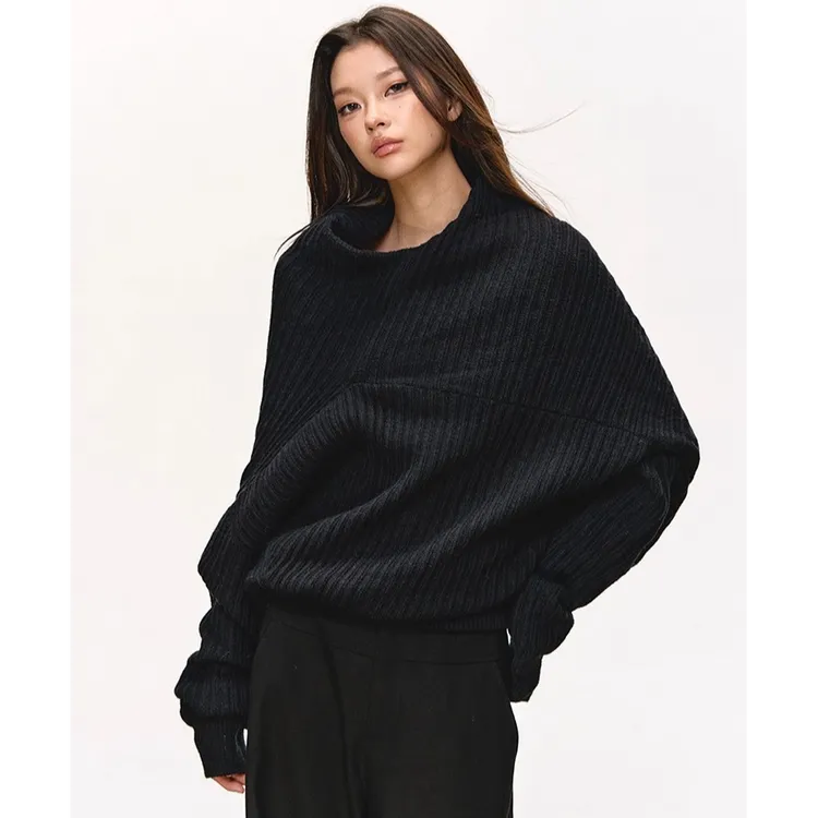 anna aneae黑色毛衣女秋冬慵懒高级感独特大领口宽松针织长袖上衣