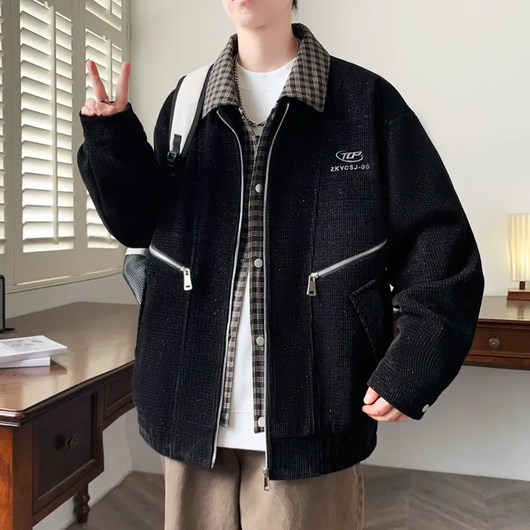 秋季男士毛呢外套潮流帅气百搭雪尼尔休闲夹克假两件翻领格子上衣