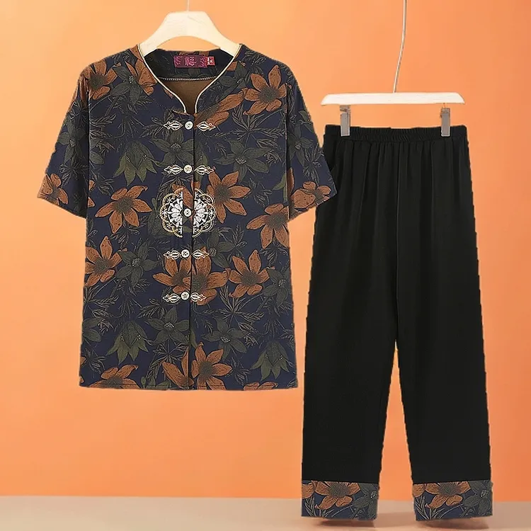 中老年女装夏装短袖绣花套装洋气老太太衣服奶奶装开衫休闲两件套