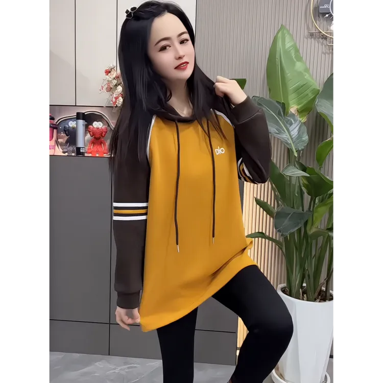 秋冬季加绒撞色休闲时尚减龄上衣卫衣