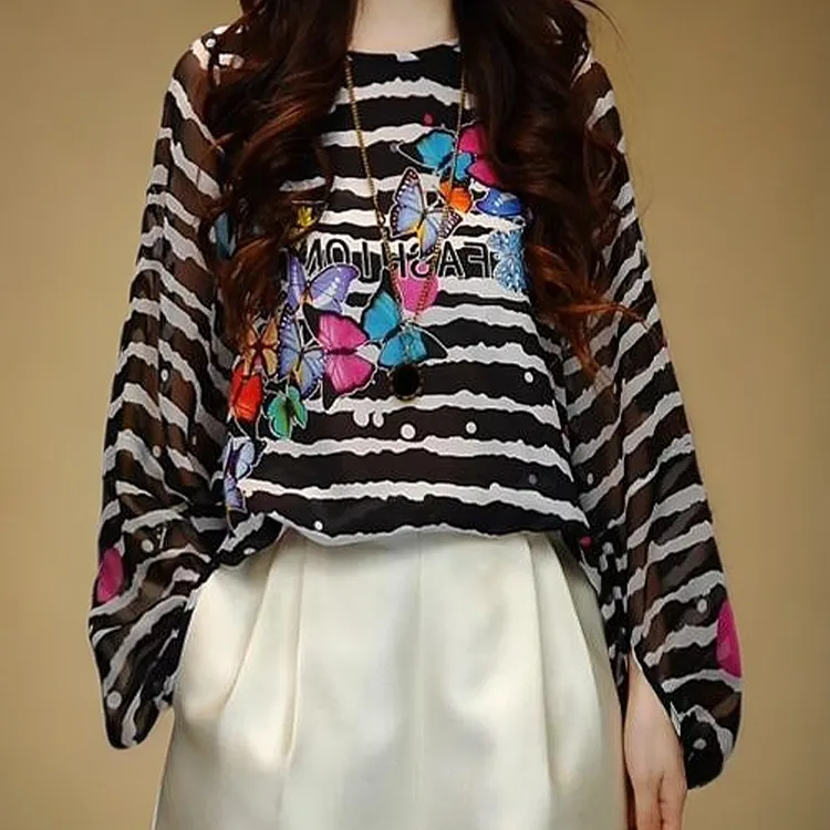 2025春游新款春夏季时尚休闲条纹印花百搭显瘦套头长袖防晒上衣