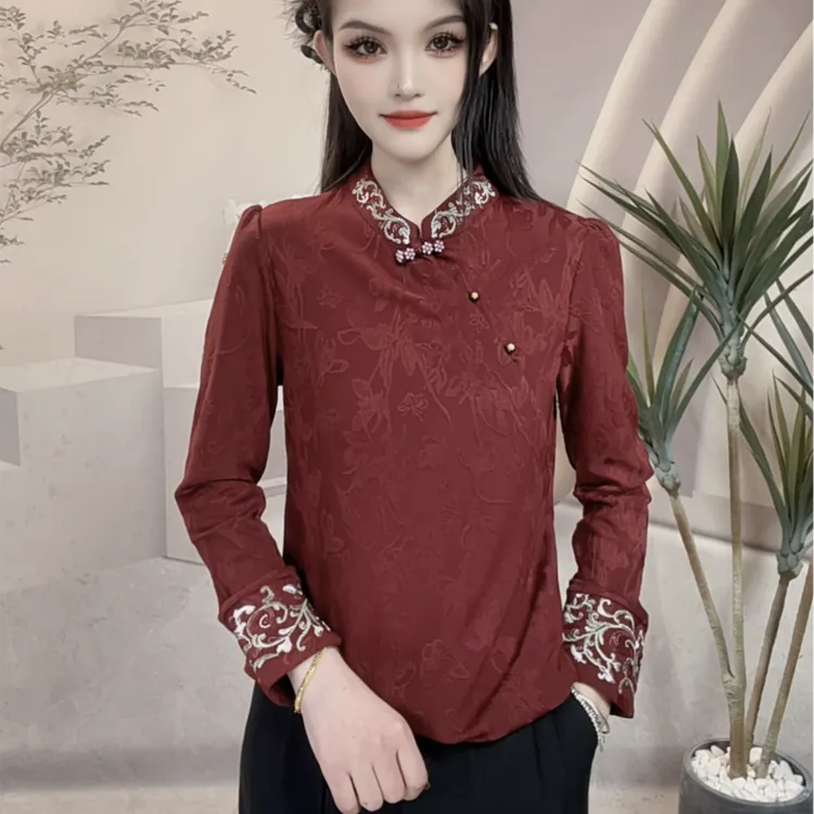 2025秋冬新款加绒打底衫设计感长袖上衣重工刺绣新中式中国风T恤