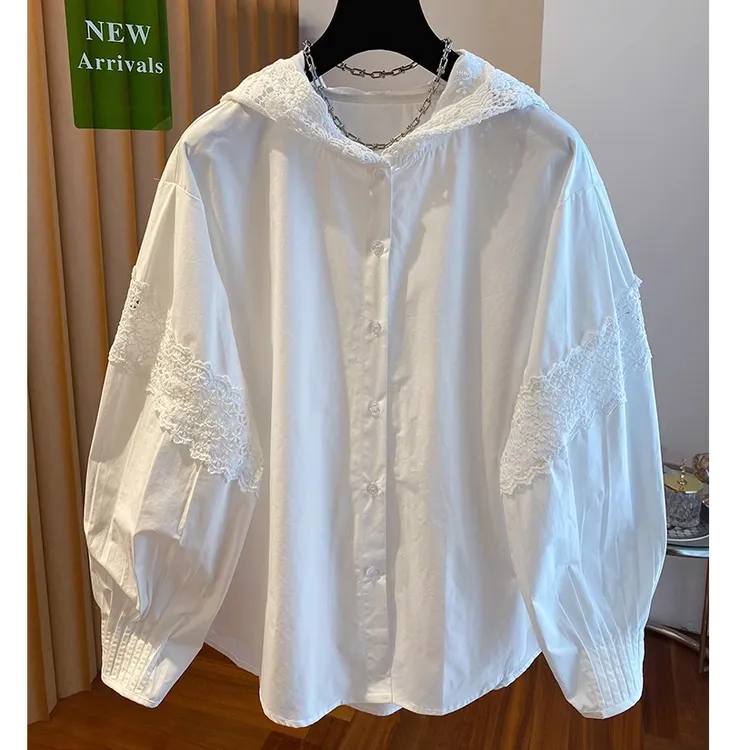 白色拼接连帽衬衫女长袖2025新款宽松休闲高级感衬衣帽衫上衣