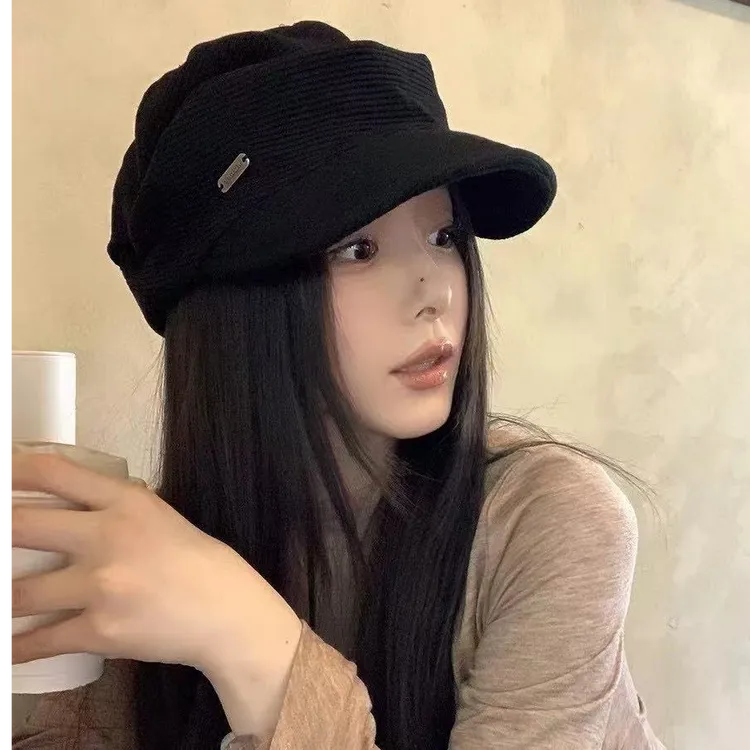 【CZON】2025新款~日系小铁标灯芯绒女秋冬百搭显脸小八角帽子