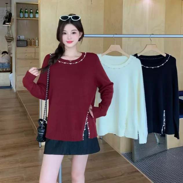 2025秋季新款大码胖mm慵懒风设计感宽松钉珠开叉针织衫上衣女769