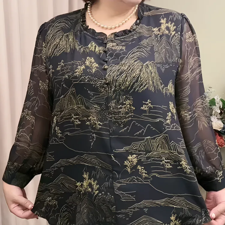 5516大码女装新款春秋时尚200斤穿显瘦山水画印花衬衫女气质上衣