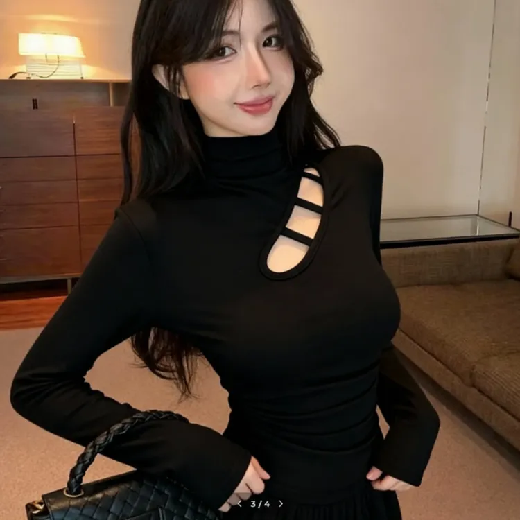 加绒纯欲风镂空立领长袖t恤女冬季新款修身显瘦时尚上衣女0023