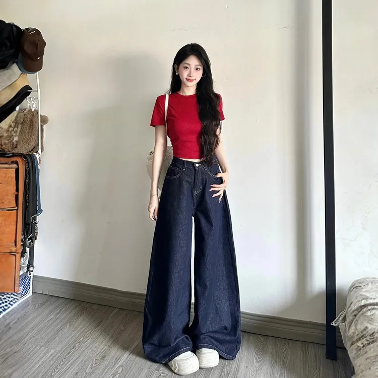 新小个子女装秋季丹宁色阔腿牛仔裤女高腰显瘦时尚百搭休闲阔腿裤
