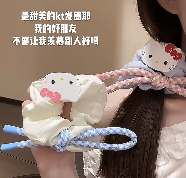 韩系温柔kt猫蝴蝶结大肠发圈甜美丸子头低马尾扎发头绳皮筋发饰