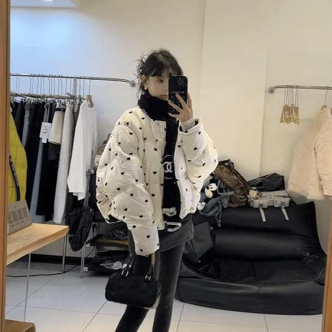 INS CEC氛围感爱心图案宽松面包服外套女冬季小个子加厚棉服棉袄