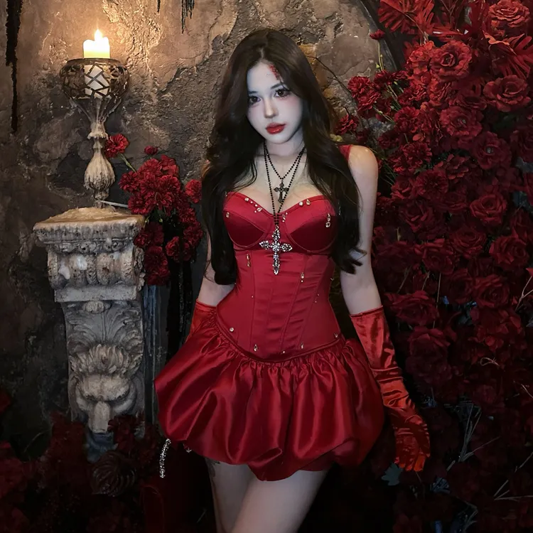 【猩红之泪】Kitty喵法式镶钻缎面性感生日拍照漂亮圣诞节穿搭-备