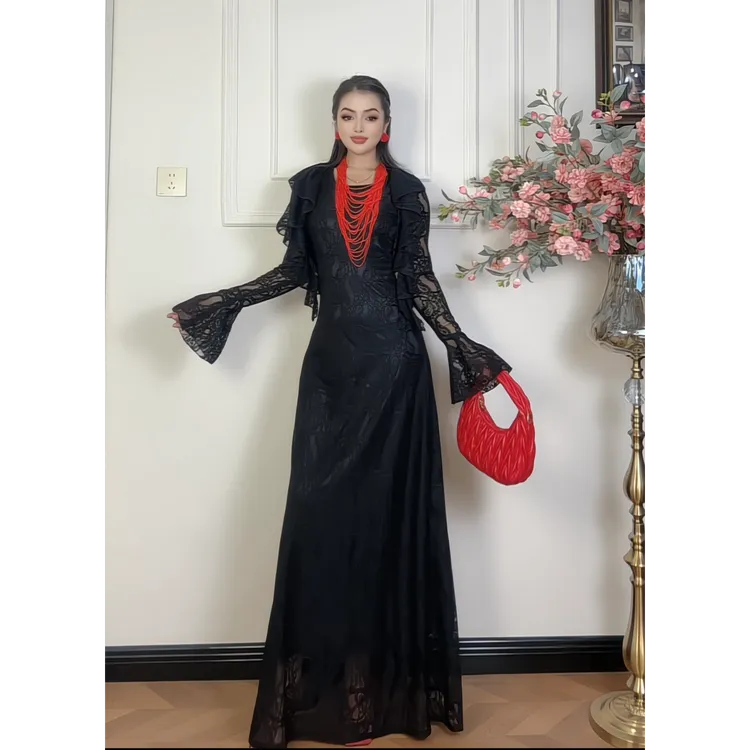 领连衣裙优雅镂空拼接春季女装长裙高中式旗袍碎花气质