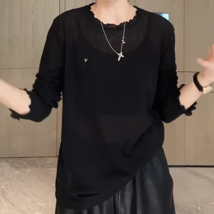 秋季新款木耳边上衣金属小标纯色套头长袖T恤LK2506099