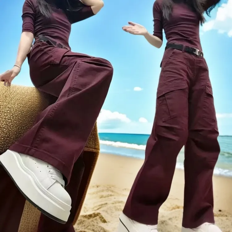 冬季新款加绒拖地工装裤女宽松洋气安可拉红外穿防风阔腿直筒裤子