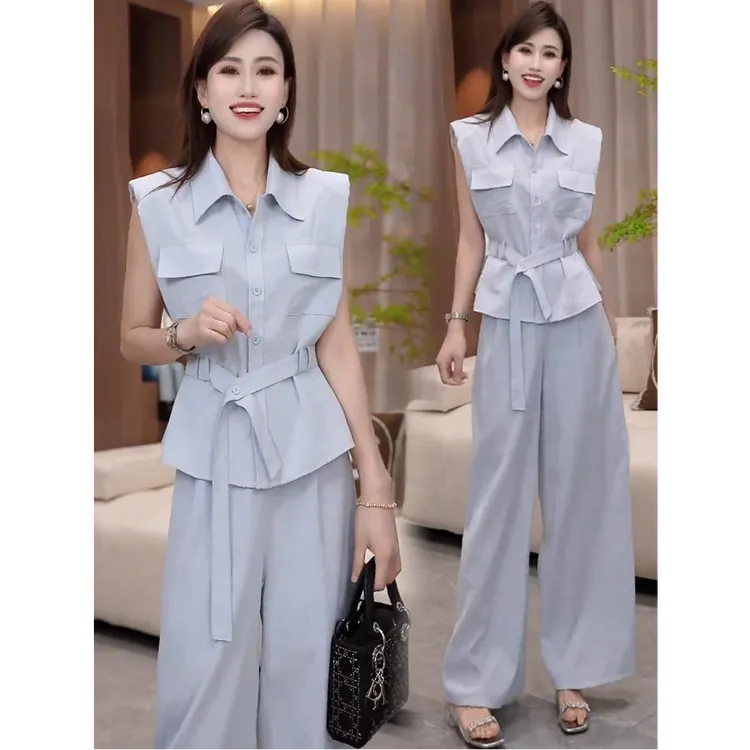 时尚套装女2025夏季新款设计感洋气无袖衬衫上衣高腰阔腿裤两件套