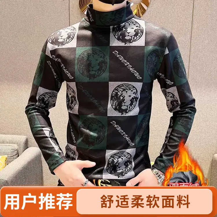 半高领潮流青少年青年动物印花字母打底衫高领T恤男士时尚长袖T恤