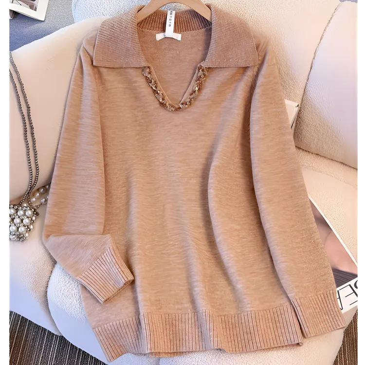 YH-10228大码女装温柔风显瘦新款高级感正肩V领亮片打底针织上衣