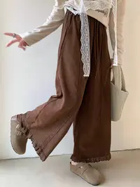 腿精本精 25秋冬新款韩版宽松显瘦百搭木耳边灯芯绒女阔腿长裤
