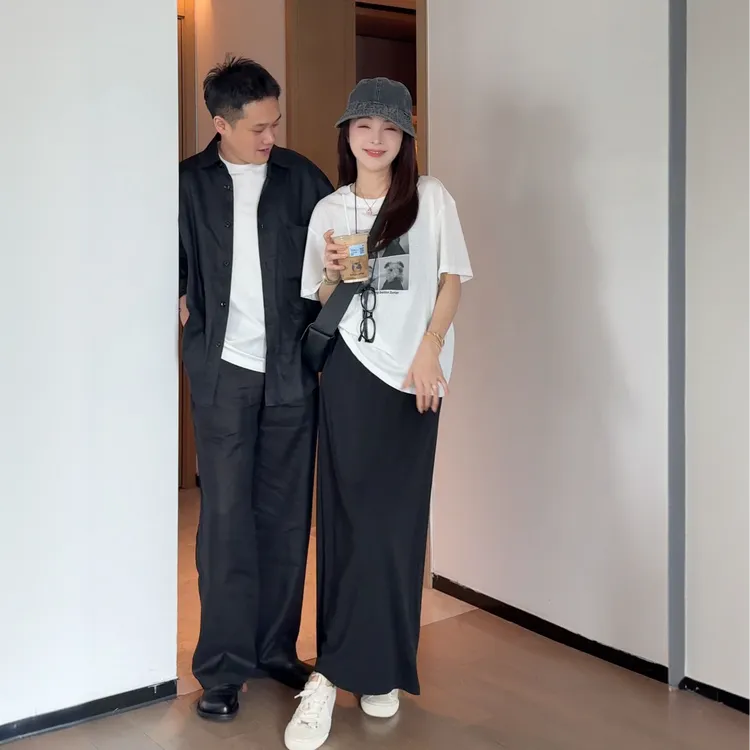 韩系2025夏季新款洋气卡通小狗印花短袖T恤黑色松紧腰半身裙套装