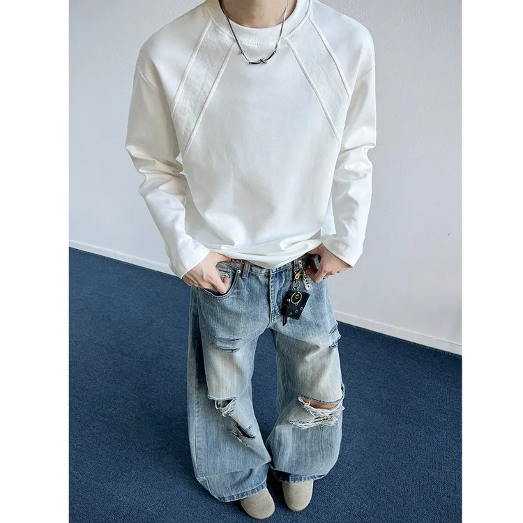 白色美式太空棉重磅卫衣男秋冬季加绒boxy版型t恤长袖内搭打底衫