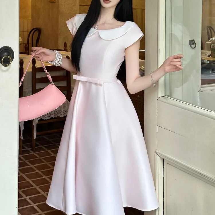 大码女装法式气质收腰娃娃领连衣裙赫本高级感公主长裙12433