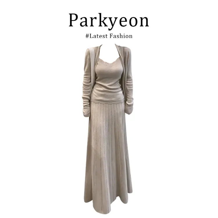 parkyeon2025秋季新款女法式长袖针织开衫内搭吊带百搭高腰半身裙