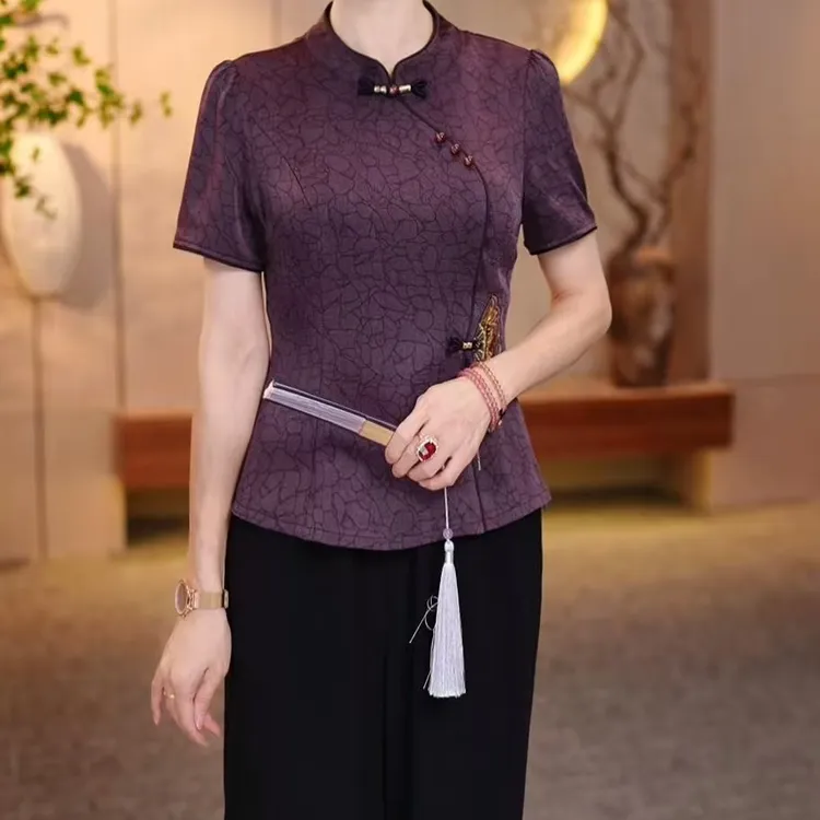 2025中国风夏季薄款短款上衣中老年女装裤子小衫刺绣新中式套装女