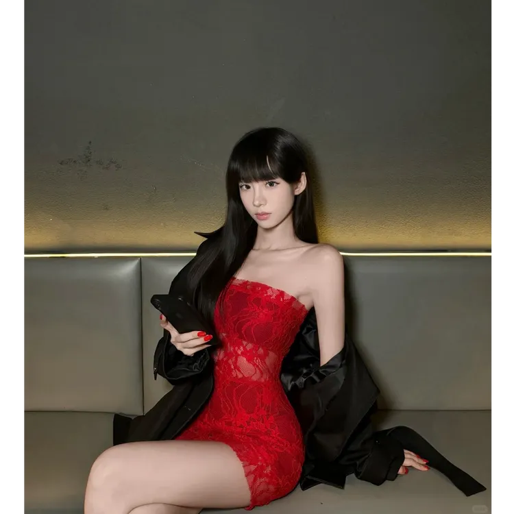 美式辣妹2025秋冬新款性感蕾丝抹胸连衣裙配风衣外套两件套装女