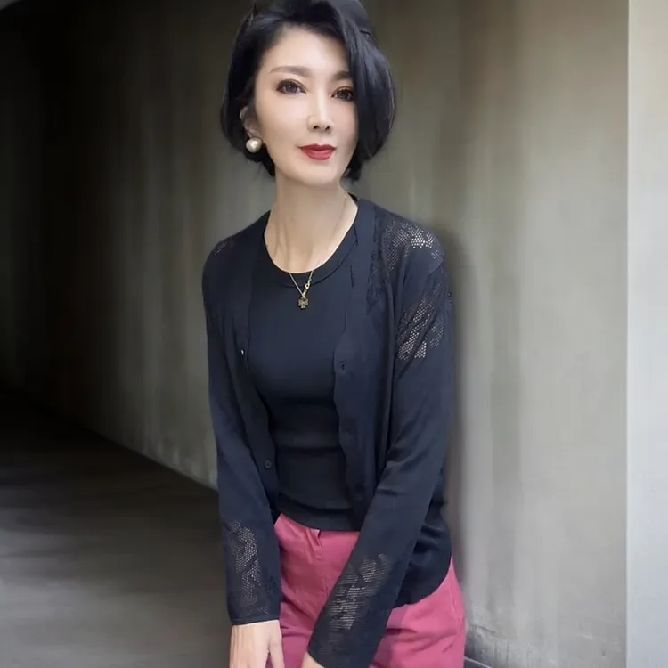 【二姐专属】女神范经典黑色镂空 冰丝长袖针织开衫打底衫百搭上衣