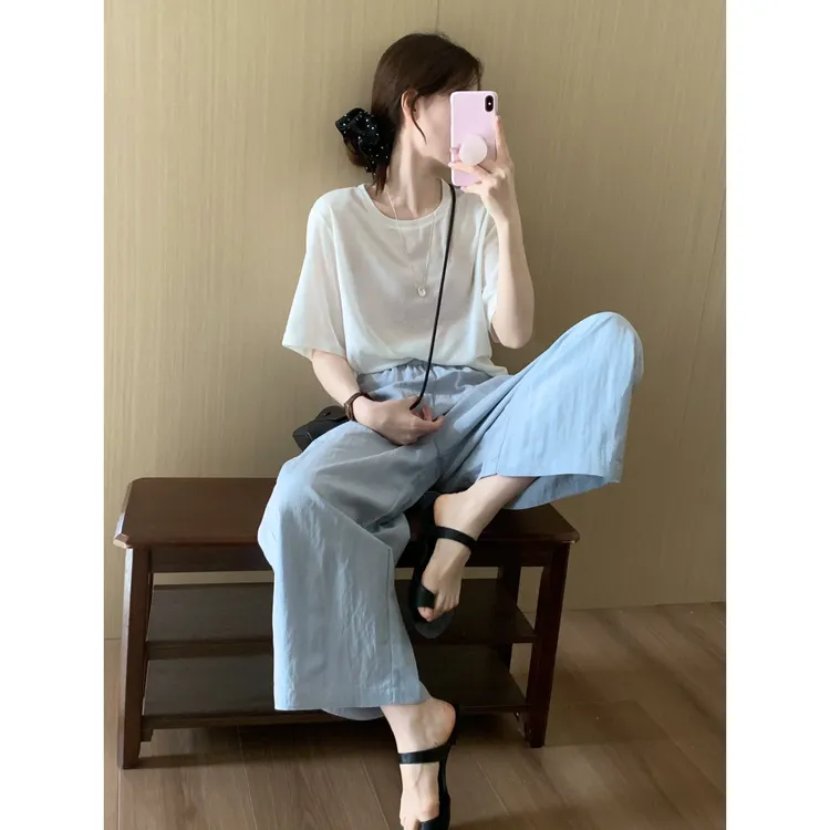 夏季穿搭一整套女白色短袖T恤休闲阔腿裤慵懒风女两件套时尚气质