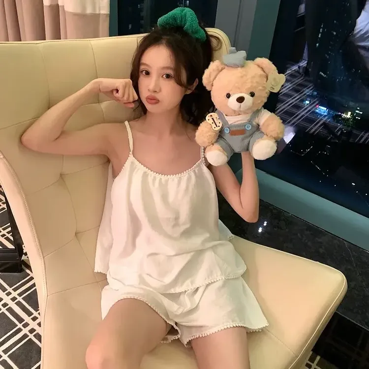 2025夏季新款花边吊带睡衣带胸垫套装舒适简约云朵棉家居服套装