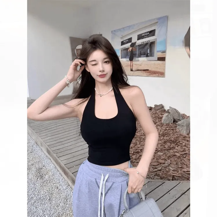 2025款春夏挂脖吊带背心女外穿修身内搭露肚脐纯欲美背打底衫上衣