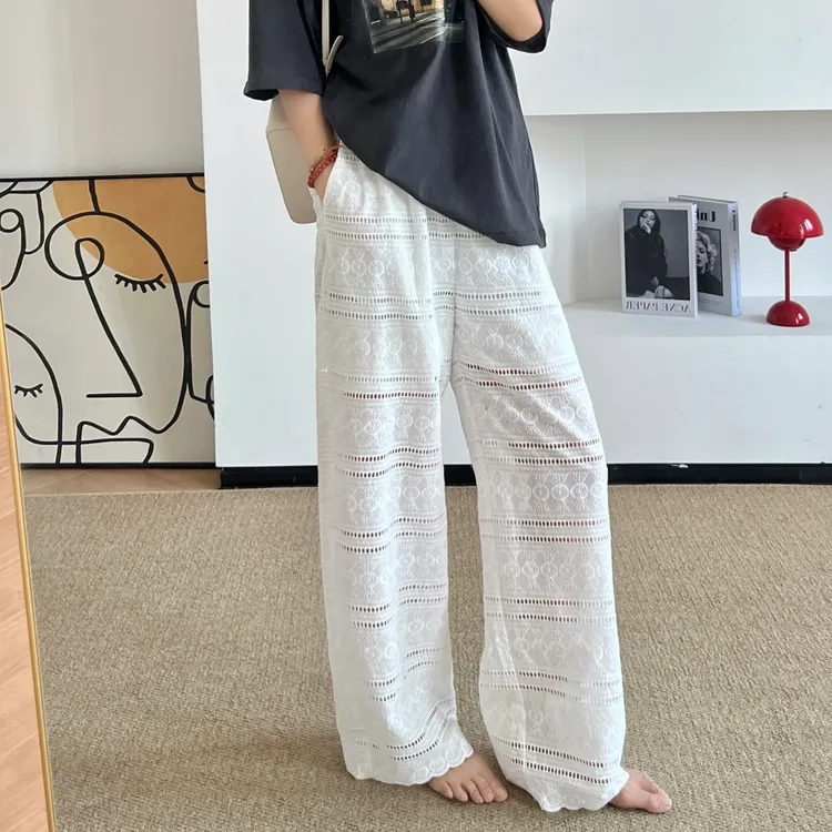 立体镂空刺绣~夏日松弛感薄款休闲裤女梨形身材高腰显瘦阔腿长裤