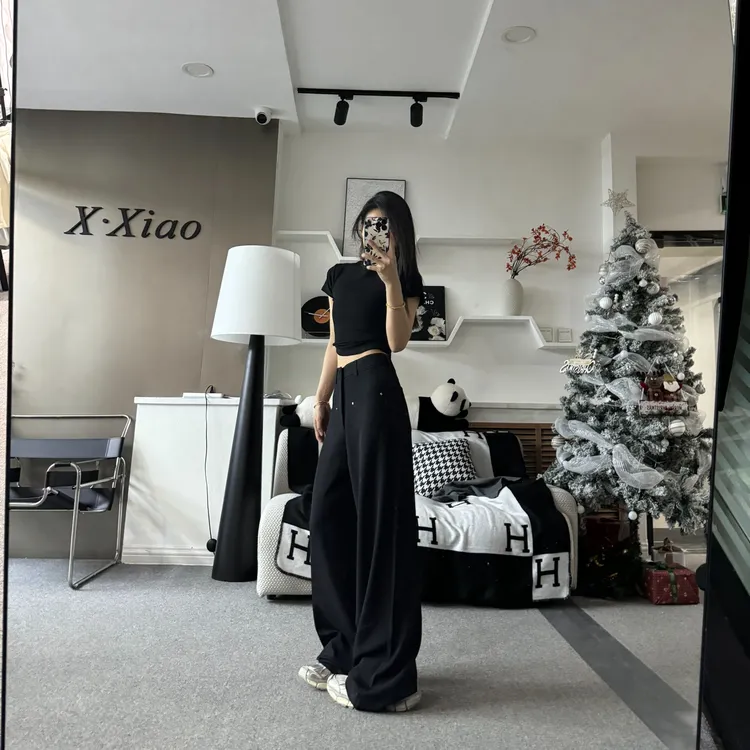 高级感铆钉高腰西装裤宽松拖地阔腿休闲女秋季新款