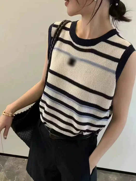 夏季薄款条纹针织无袖t恤2025新款女短袖爆款设计感吊带背心上衣