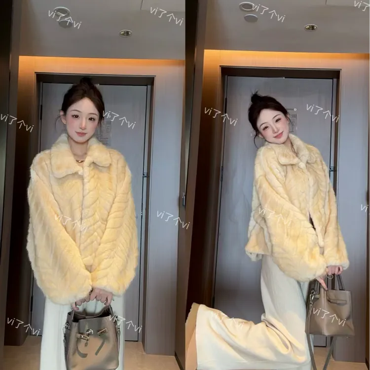 “夕阳奚落"2025新款氛围环保金叶貂短款蝙蝠袖毛毛外套