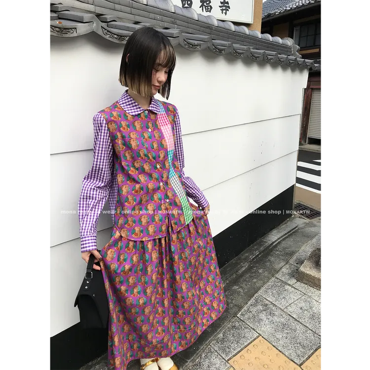 【Mona张绮贤】MONA100棉复古衬衫中腰半裙套装 O125A02044