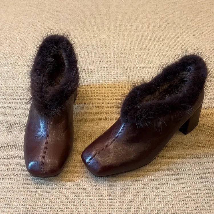 RubyL/5.5cm复古极简风拼接百搭舒适一脚蹬方头粗跟毛毛短靴女款