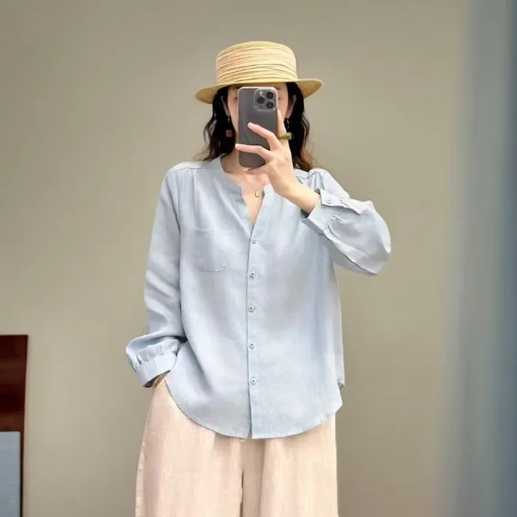 纯亚麻V领爆款时尚休闲显瘦慵懒风长袖纯色秋季简约百搭衬衫简约