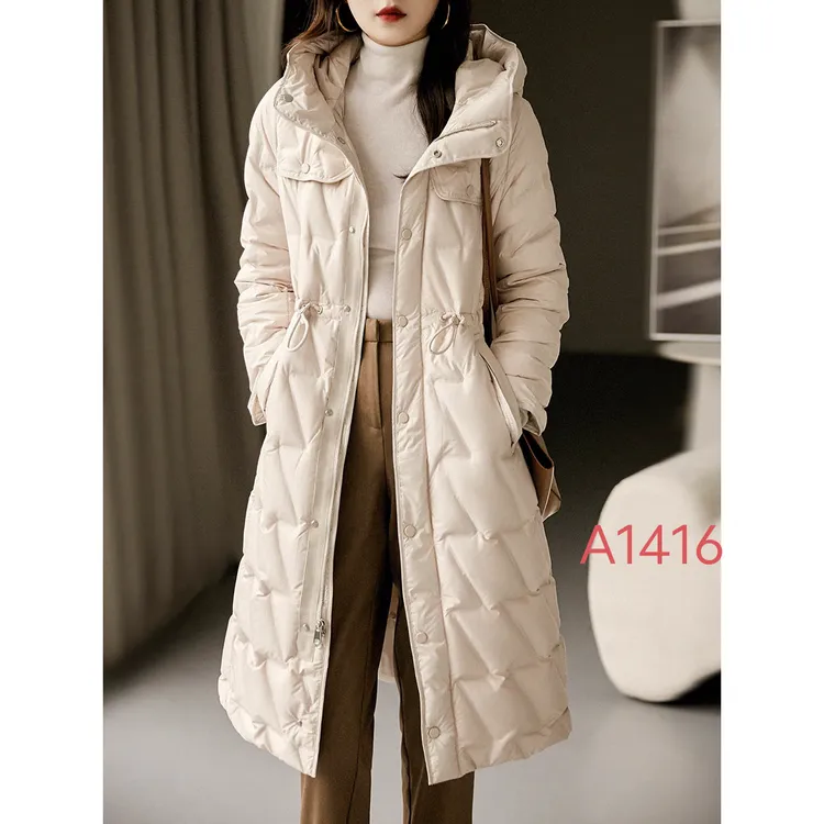 A1416高档纯色修身型长款连帽收腰时尚女装显瘦冬季保暖羽绒外套