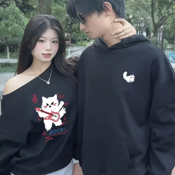 情侣装卫衣秋冬季新款一男一女斜肩纯棉卫衣宽松韩版潮流情侣卫衣