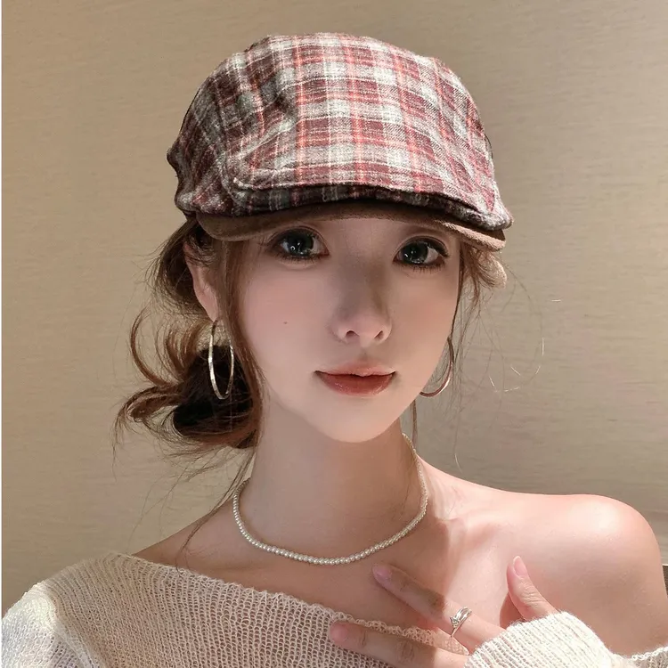 美式复古深红色格子前进帽子女2025秋冬新款鸭舌帽贝雷报童画家帽