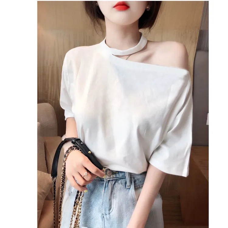 欧货洋气小衫爆款2025新款独特单肩露肩上衣宽松夏季半袖t恤女潮