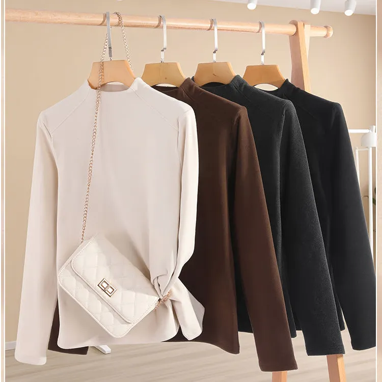 5817【玻尿酸+蚕丝蛋白】拼肩无痕·暖绒长袖女遮肚显瘦修身打底衫