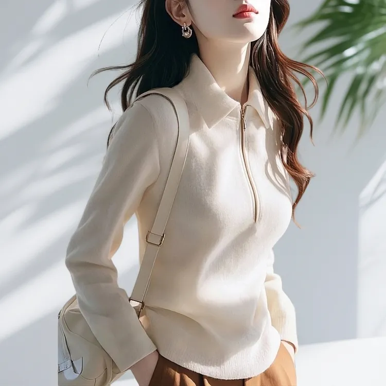 2025年新款女装白色秋冬POLO领短款针织衫上衣长袖打底衫百搭毛衣