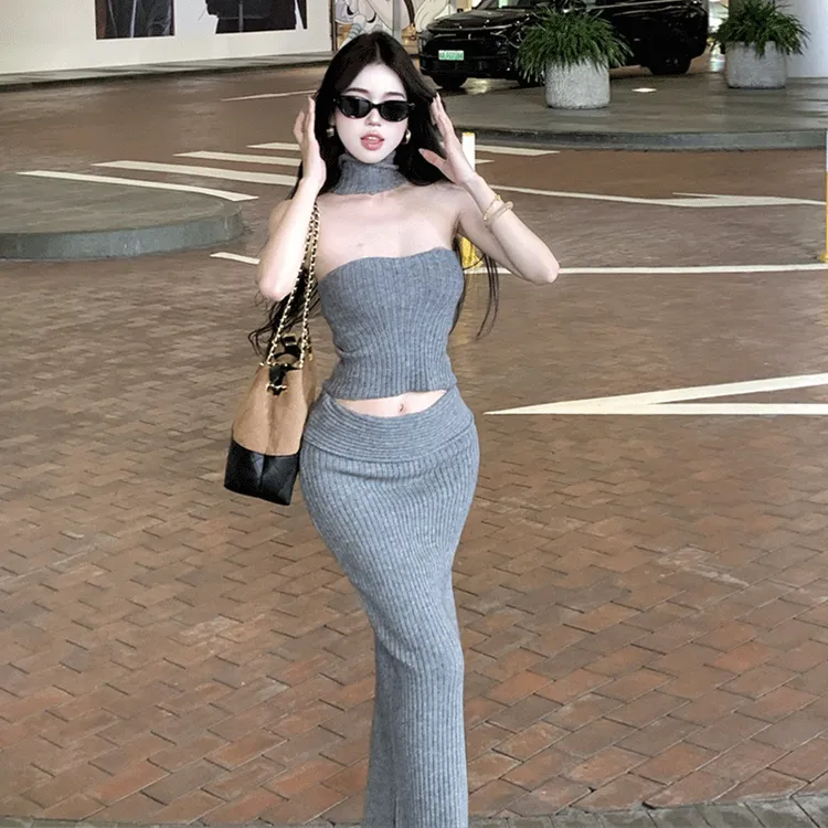 纯欲辣妹性感挂脖背心吊带上衣高腰修身包臀鱼尾半身裙时尚两件套