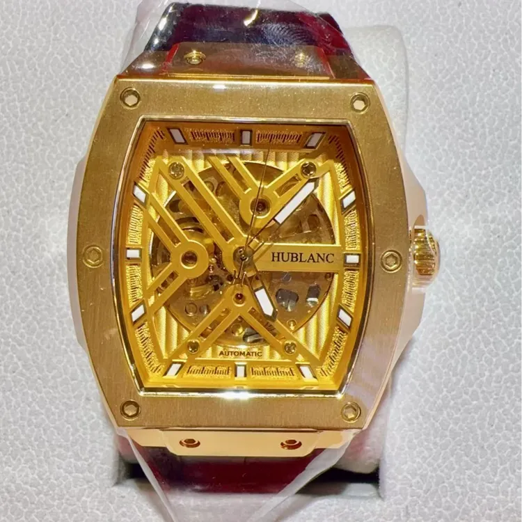 男士酒桶金表机械机芯足金999镂空防水金色经典夜光100%纯金表