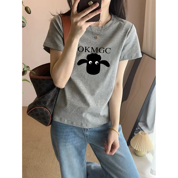 花灰色正肩时尚印花短袖t恤女士2025新款设计感洋气百搭显瘦上衣